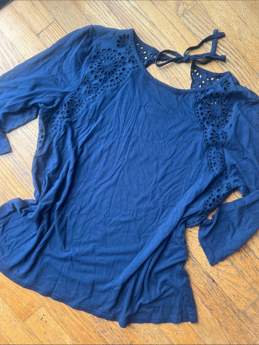 J. Jill Navy Long-Sleeve Eyelet Back Tie Top